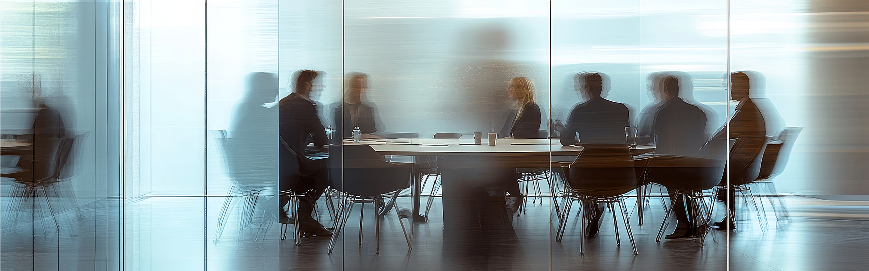 Uomini e donne in abiti formali siedono intorno a un tavolo, impegnati in una riunione di lavoro