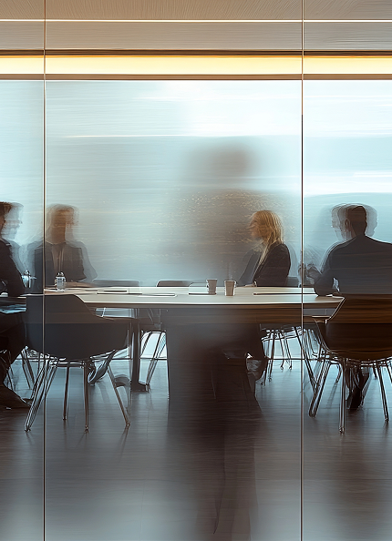 Uomini e donne in abiti formali siedono intorno a un tavolo, impegnati in una riunione di lavoro