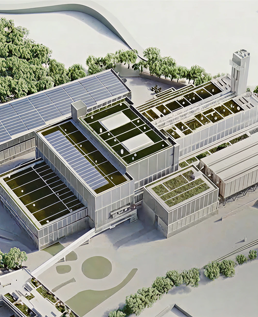 Rendering del progetto con dettaglio della vista laterale dell'impianto centrale, il termovalorizzatore