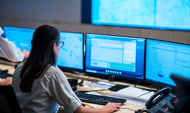 Donna lavora al computer monitorando i dati su diversi monitor contemporaneamente