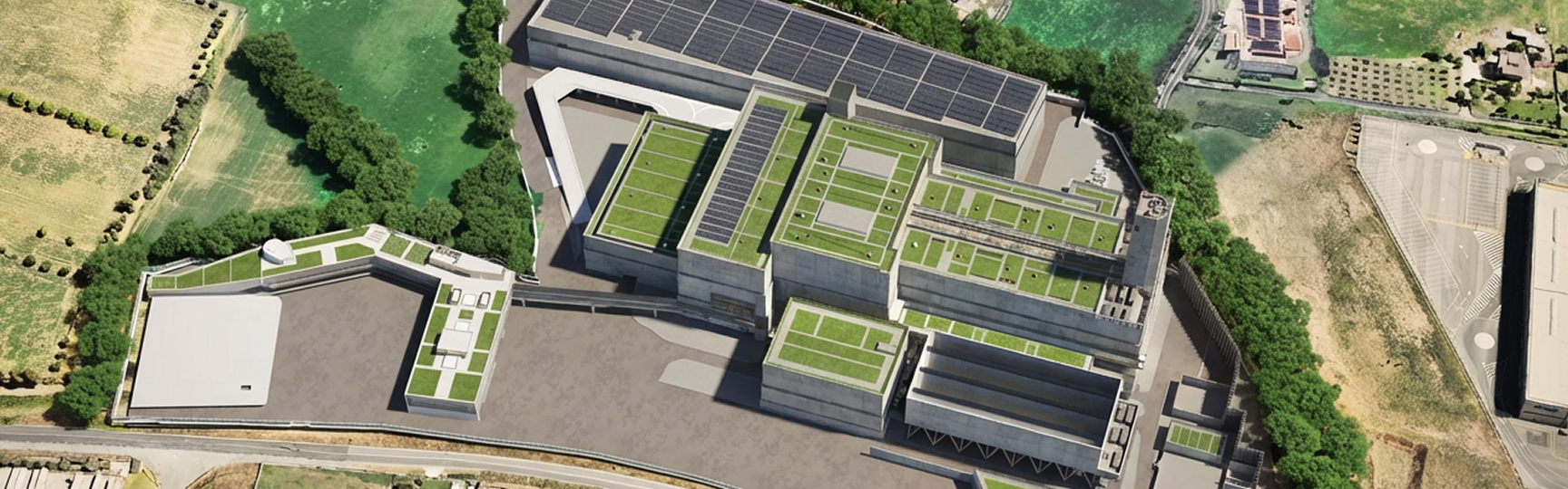 Rendering realistico del progetto del termovalorizzatore di Roma a Santa Palomba con impianti e parco delle risorse circolari visti dall'alto