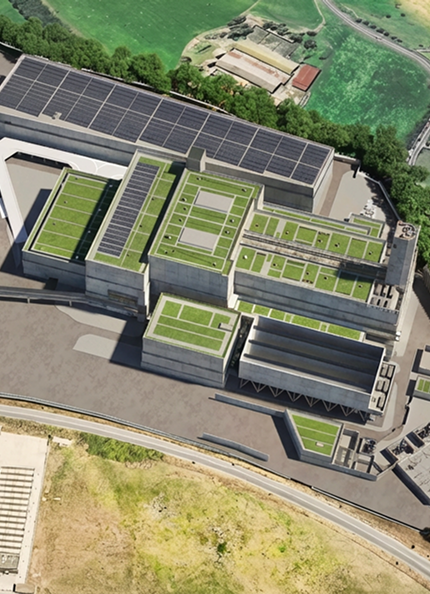 Rendering realistico del progetto del termovalorizzatore di Roma a Santa Palomba con impianti e parco delle risorse circolari visti dall'alto