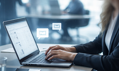 Dettaglio delle mani di una donna che digitano sulla tastiera di un laptop con icone che indicano la gestione dell'email