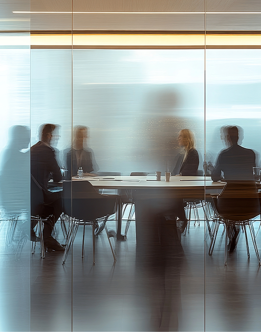 Uomini e donne in abiti formali sono seduti intorno a un tavolo impegnati in una riunione di lavoro