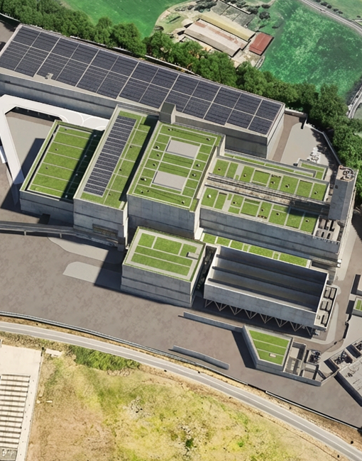 Rendering realistico del termovalorizzatore di Roma visto dall'alto