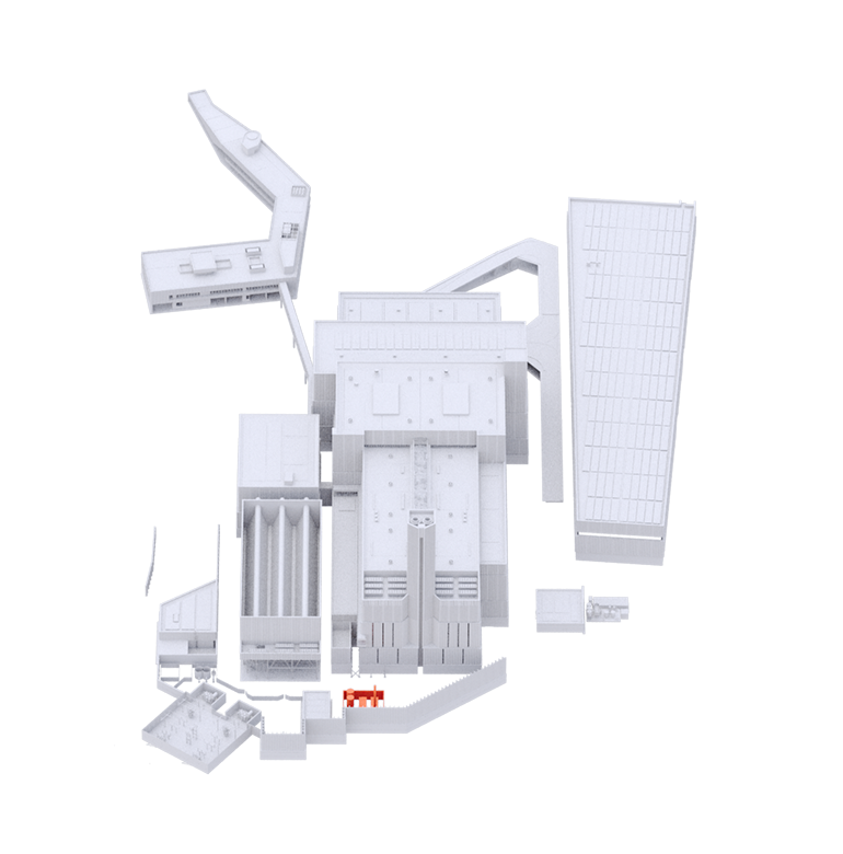 Rendering 3D del complesso del termovalorizzatore di Roma, con impianto di cattura CO₂ evidenziato
