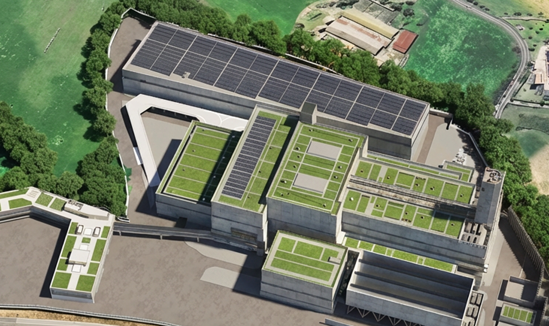 Rendering realistico del progetto del termovalorizzatore di Roma, con impianti e parco delle risorse circolari visti dall'alto