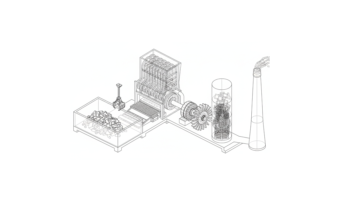 Infografica sintetica del funzionamento di un termovalorizzatore: i rifiuti vengono bruciati per produrre energia, mentre i fumi sono filtrati e i residui gestiti