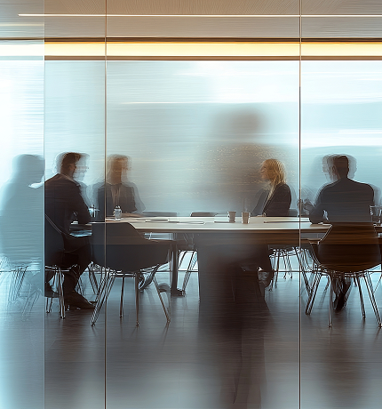 Uomini e donne in abiti formali sono seduti intorno a un tavolo, impegnati in una riunione di lavoro