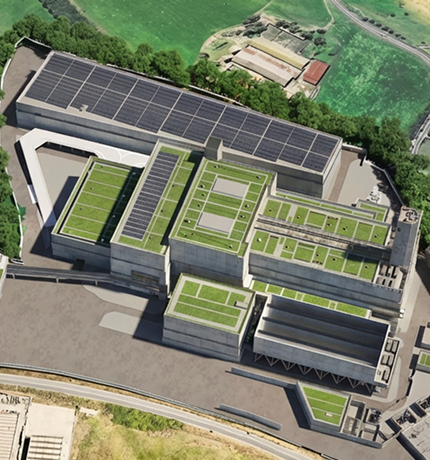 Rendering realistico del progetto del termovalorizzatore di Roma, con impianti e parco delle risorse circolari visti dall'alto