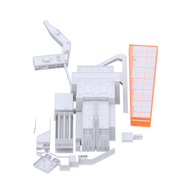 Rendering 3D del complesso del termovalorizzatore di Roma, con impianto trattamento scorie evidenziato