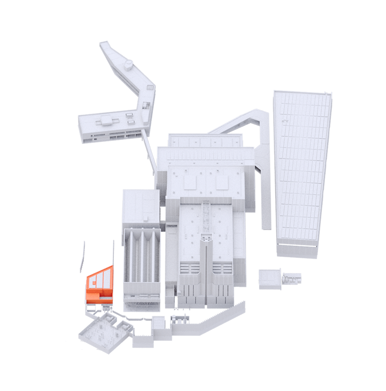Rendering 3D del complesso del termovalorizzatore di Roma, con impianto di teleriscaldamento evidenziato